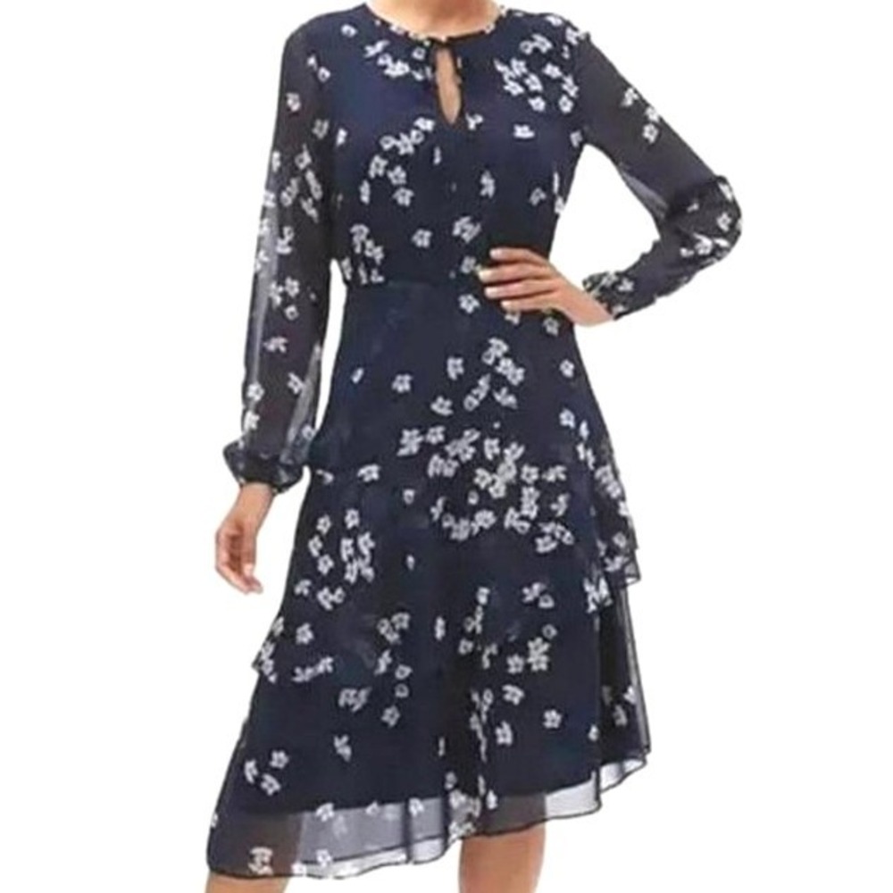 BANANA REPUBLIC NWT 20 Navy White Floral Tiered Sheer Long Sleeve Midi Dress